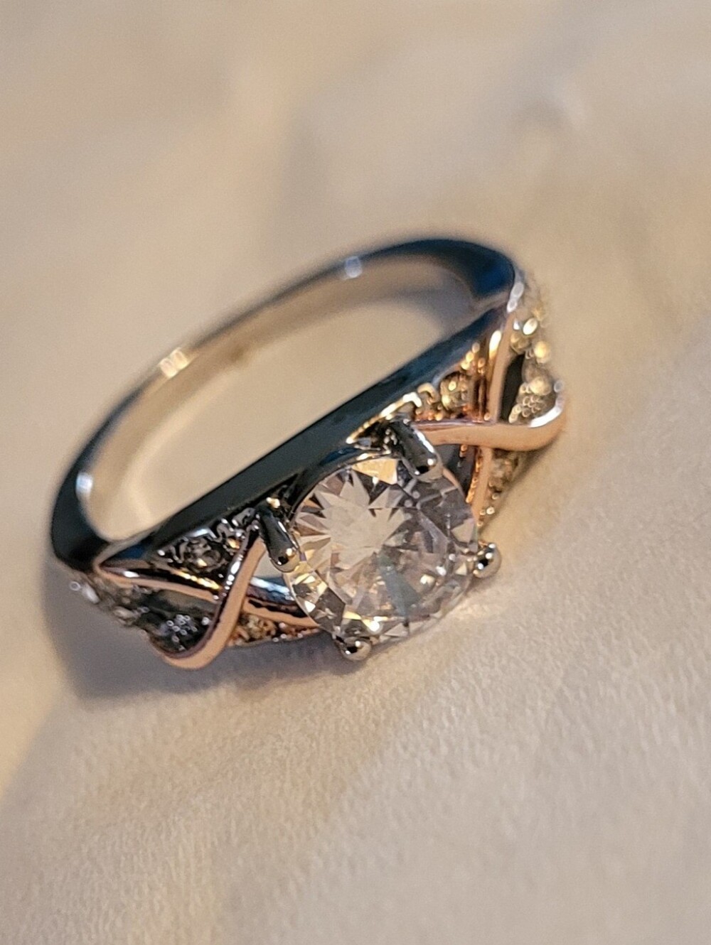 Silver/Gold Tone CZ Cocktail Ring with Crystals - Size 6
